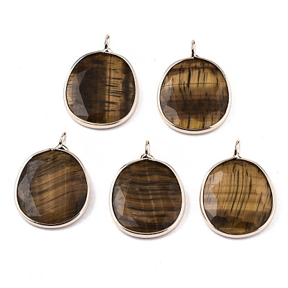 Natural Tiger Eye Pendants, Light Gold Tone Brass Edge, Faceted, Oval