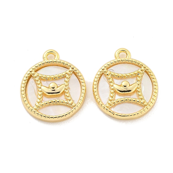 Brass Pave Shell Coin Charms, Flat Round with Ingo Charms