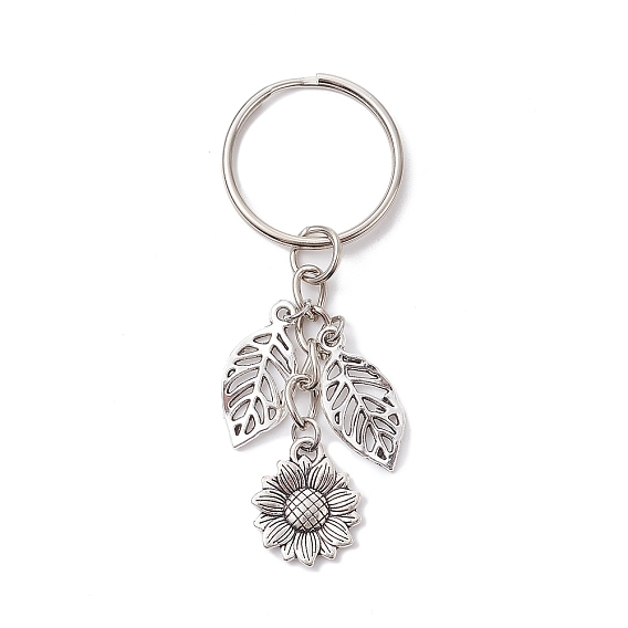 Подвеска-брелок из сплава в тибетском стиле с подсолнечником и листьями, с железными разрезными брелоками