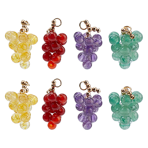 8 шт. 4 стили натуральный кварцевый кристалл, сердолик, зеленый авантюрин и аметист круглые кластерные подвески, подвески в виде винограда с латунной фурнитурой, золотые, смешанные окрашенные и неокрашенные