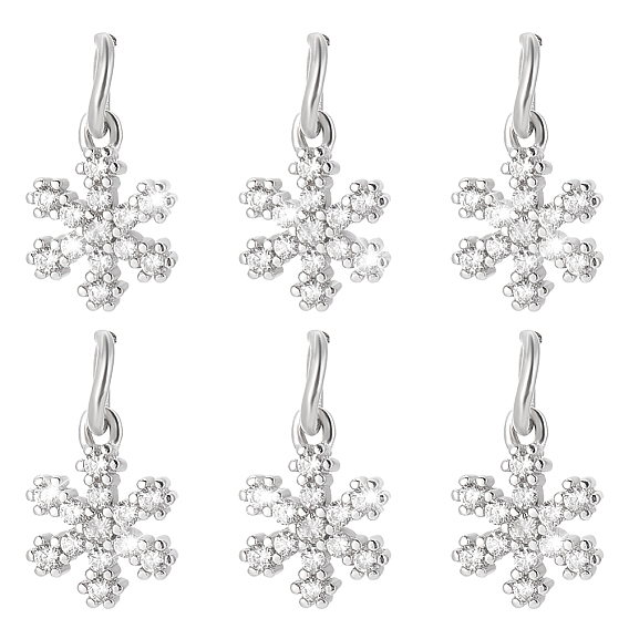 6 шт. 925 подвески-снежинки из стерлингового серебра с микропаве из прозрачных кубических цирконий, с прыжковых колец, родий