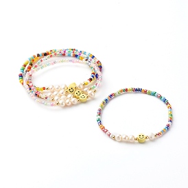 Glass Beads Stretch Bracelets, with Natural Pearl Beads & Polymer Clay Beads, Smile