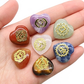 7 Chakra Symbol Natural Gemstone Heart Palm Stones, Crystal Pocket Stone for Reiki Balancing Meditation Home Decoration