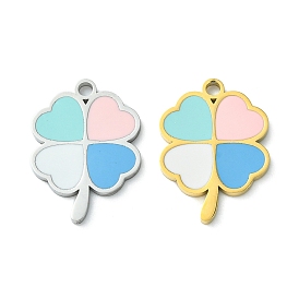 304 Stainless Steel Manual Polishing Pendants, with Enamel, Clover Charm