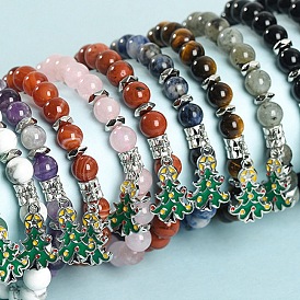 Christmas Theme Natural Gemstone Stretch Bracelets, Alloy Enamel Christmas Tree Charm Bracelets for Women