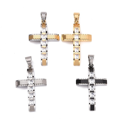 304 Stainless Steel Big Pendants, Cross, with Rhinestones