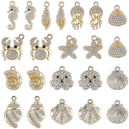 24Pcs 12 Styles Alloy Crystal Rhinestone Pendants, Ocean Theme Charms