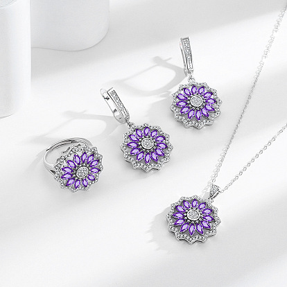Комплект украшений из цветочной латуни с микропаве из кубических цирконий, серьги, ожерелья и кольца