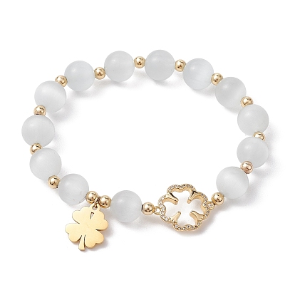 Pulseras elásticas redondas con cuentas de ojo de gato de 10 mm, trébol 304 pulseras con dijes de acero inoxidable para mujer