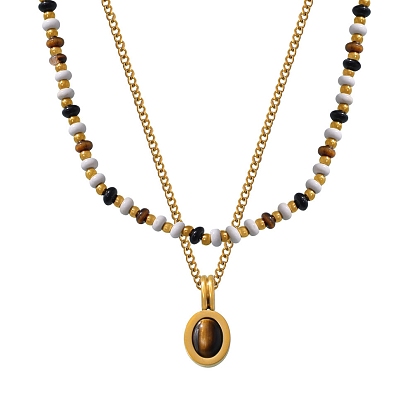 Stainless Steel Pendant Necklaces and Beaded Necklaces, with Natural Tiger Eye and Seed Beads