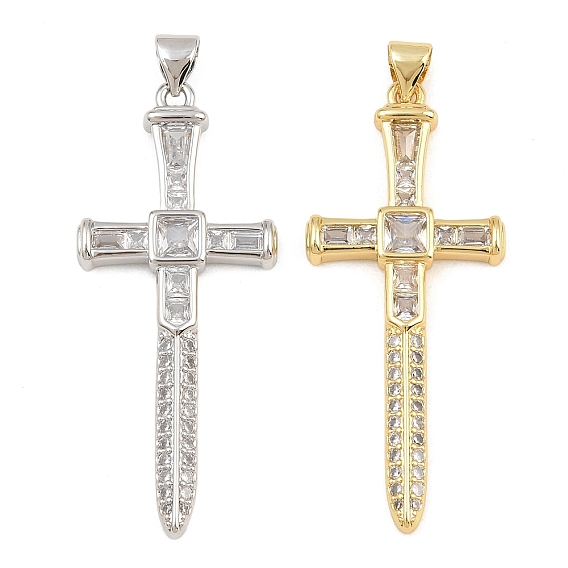 Brass Micro Pave Clear Cubic Zirconia Pendants, Sword Shaped Cross Charms, Cadmium Free & Lead Free
