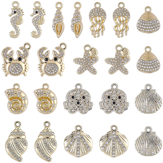 24Pcs 12 Styles Alloy Crystal Rhinestone Pendants, Ocean Theme Charms