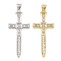 Brass Micro Pave Clear Cubic Zirconia Pendants, Sword Shaped Cross Charms, Cadmium Free & Lead Free