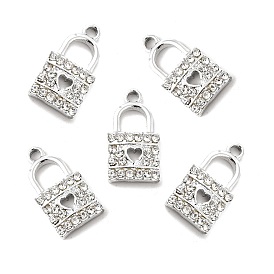 Alloy Rhinestone Pendants, Platinum Tone Lock with Hollow Out Heart Charms