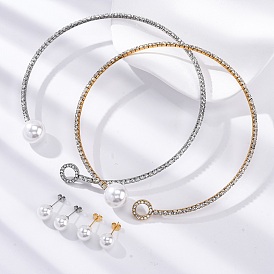 Круглые пластиковые серьги-гвоздики с имитацией жемчуга и комплекты колье-чокеров с кубическим цирконием и стразами, 304 комплект украшений из нержавеющей стали для женщин