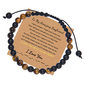 I Love You" Morse Code Bracelet with Natural Tiger Eye Stone and Matte Black Card, Handmade