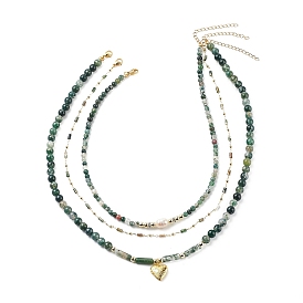 3 pcs 3 ensemble de colliers pendentif médaillon coeur en laiton de style, colliers empilables de perles d'agate mousse naturelle et de perles et d'hématite synthétique pour femmes