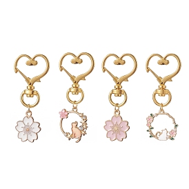 4Pcs Sakura Flower & Cat Alloy Enamel Keychains, with Zinc Alloy Heart Swivel Lobster Clasps