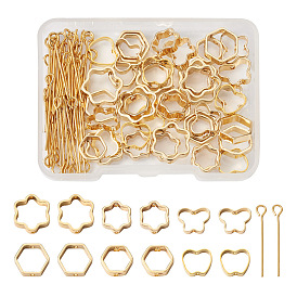 48шт 6 стиль латунная рамка для бусин, с 50 шт. 304 штифтом с проушиной из нержавеющей стали, шестиугольник и цветок и бабочка