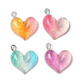 Gradient Color Transparent Resin Pendants, Glitter Heart Charms, with Platinum Plated Iron Loops