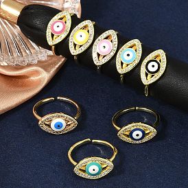 Кольца-манжеты из латуни с микропаве из прозрачного кубического циркония и эмалью для женщин, без кадмия, без никеля и без свинца, злые глаза, реальный 18 k позолоченный