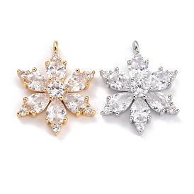 Brass Micro Pave Clear Cubic Zirconia Pendants, Long-Lasting Plated, Flower