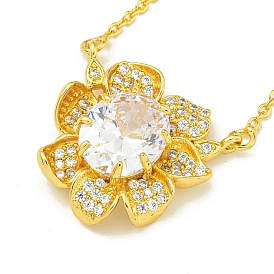 Ion Plating(IP) 304 Stainless Steel Cable Chain Necklaces, Brass Clear Cubic Zirconia Flower Pendant Necklaces