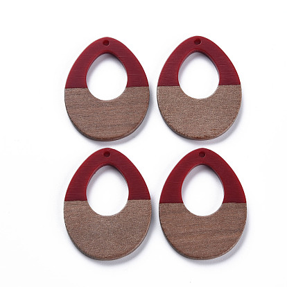 Opaque Resin & Walnut Wood Pendants, Two Tone, Teardrop