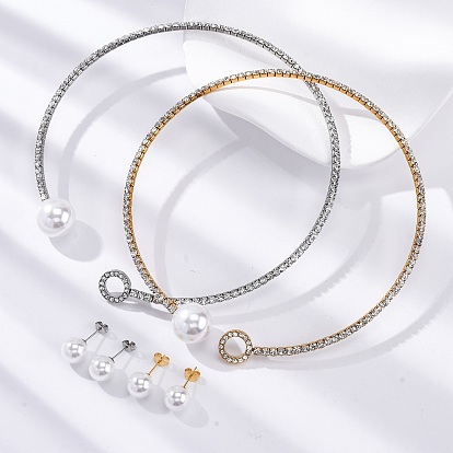 Круглые пластиковые серьги-гвоздики с имитацией жемчуга и комплекты колье-чокеров с кубическим цирконием и стразами, 304 комплект украшений из нержавеющей стали для женщин