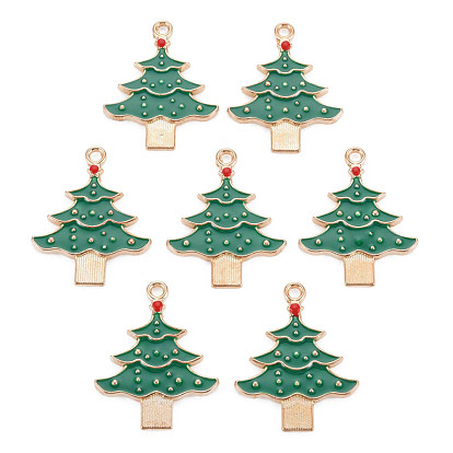 Alloy Enamel Pendants, Cadmium Free & Lead Free, Christmas Trees, Light Gold