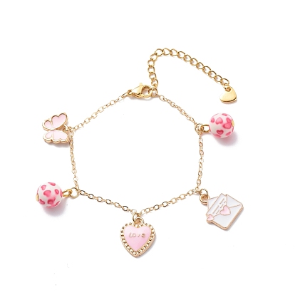 Word Love Heart Butterfly Alloy Enamel Charms Bracelet with Resin Beads, Valentine Theme Jewelry for Women