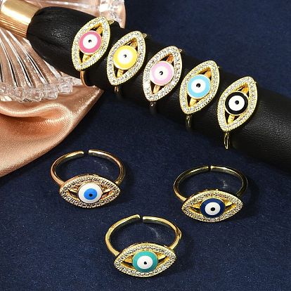 Кольца-манжеты из латуни с микропаве из прозрачного кубического циркония и эмалью для женщин, без кадмия, без никеля и без свинца, злые глаза, реальный 18 k позолоченный