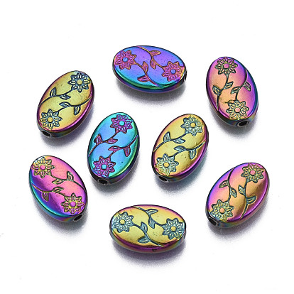 Rack Plating Rainbow Color Alloy Beads, Cadmium Free & Nickel Free & Lead Free, Oval with Flower