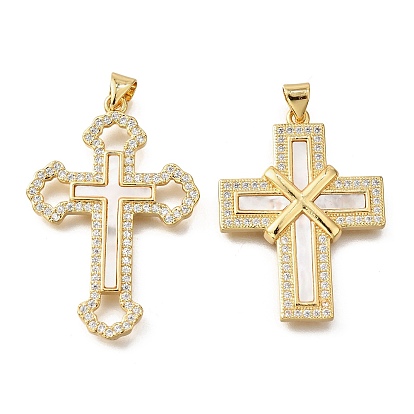 Подвески в форме ракушек из латуни с микропаве и кубическим цирконием, без кадмия и без свинца, крестик