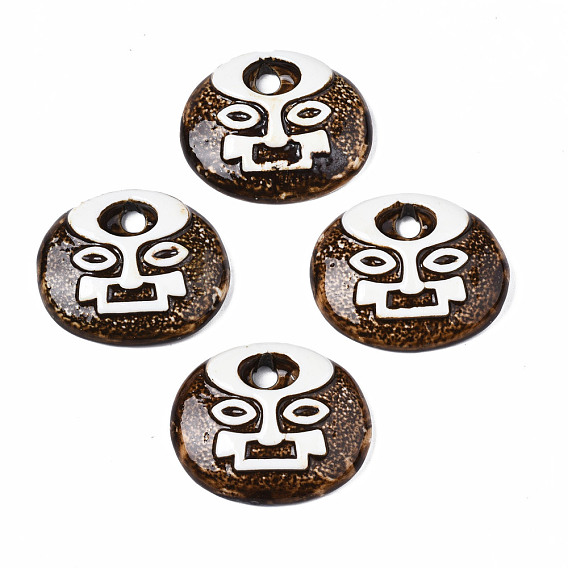Vintage Glazed Tribal Face Porcelain Big Pendants, Flat Round