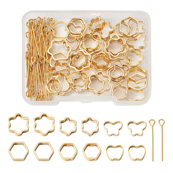 48шт 6 стиль латунная рамка для бусин, с 50 шт. 304 штифтом с проушиной из нержавеющей стали, шестиугольник и цветок и бабочка