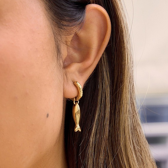 304 Stainless Steel Hoop Dangle Earrings for Women, Fish