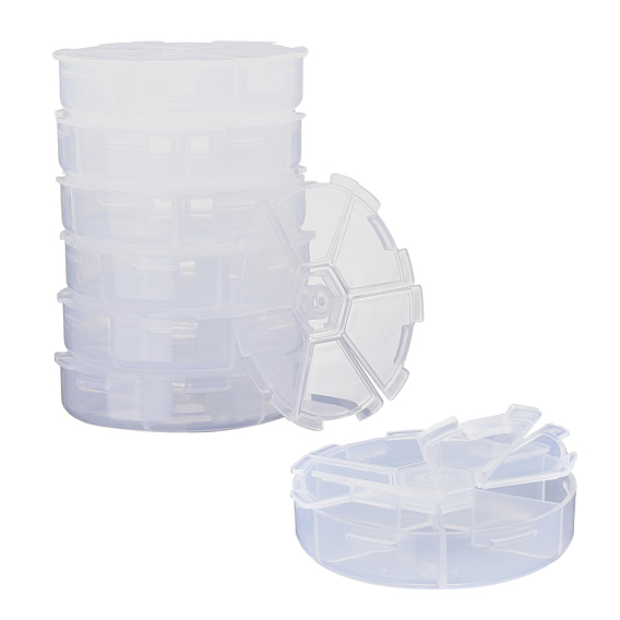 Plastic Bead Containers, Flip Top Bead Storage, 6 Compartments, Flat Round
