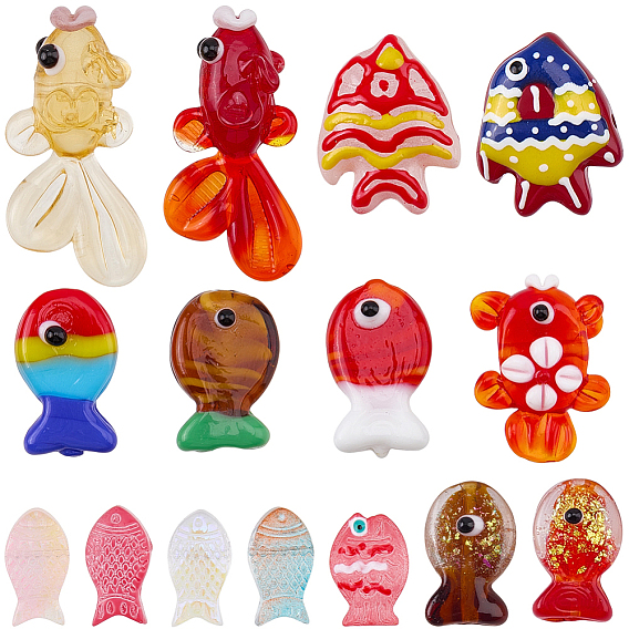 15 piezas 15 estilos cuentas de murano hechas a mano, pescado
