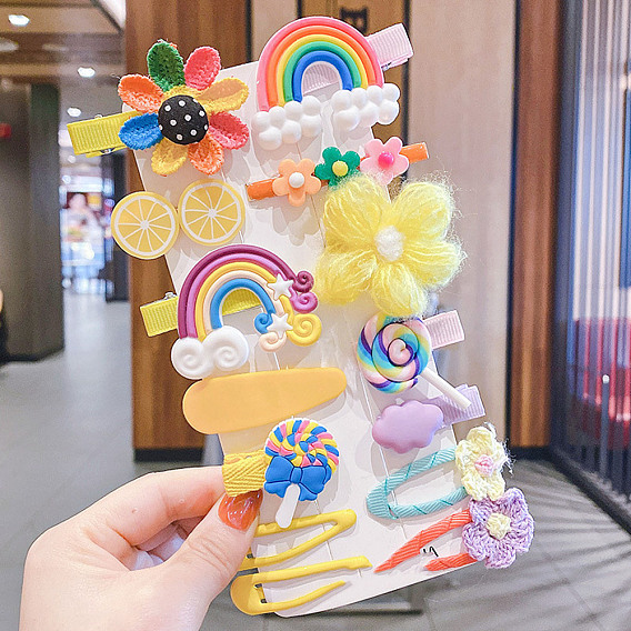 Симпатичные наборы пластиковых заколок для волос, заколки для десерта с радужным цветком и фруктами для маленьких девочек, подростков, малышей