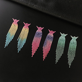Colorful Gradient Crystal Tassel Earrings with Cross Design and Long Length
