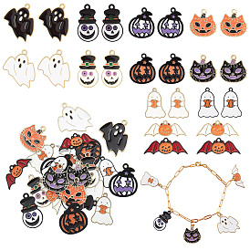 24Pcs 6 Style 2 Colors Alloy Enamel Pendants, Halloween Theme, Ghost & Grimace & Pumpkin & Cat Pumpkin & Bat
