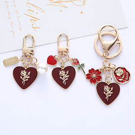 Lovely Rose Heart Keychain with Alloy Car Key Ring Earphone Pendant Bag Charm