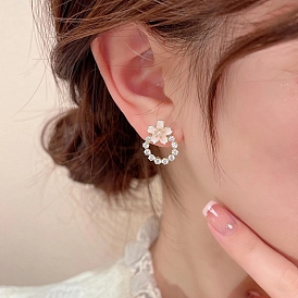 Flower Alloy Enamel Stud Earrings, Imitation Pearl Beads Earrings with 925 Sterling Silver Pins