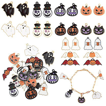 24Pcs 6 Style 2 Colors Alloy Enamel Pendants, Halloween Theme, Ghost & Grimace & Pumpkin & Cat Pumpkin & Bat