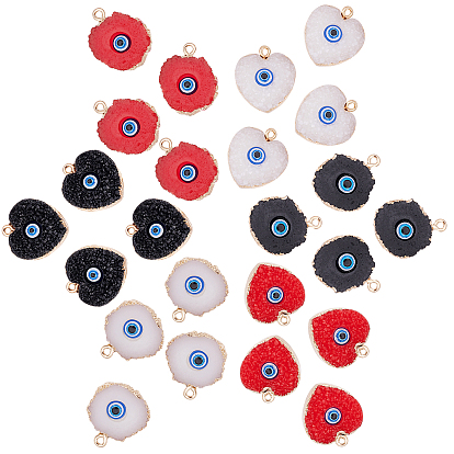 24Pcs 2 Style Druzy Resin Pendants, with Edge Light Gold Plated Iron Loops, Flat Round with Eye & Heart with Evil Eye