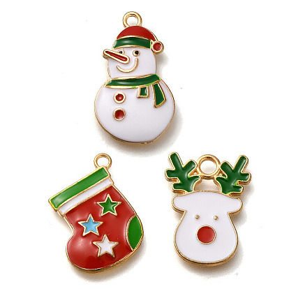 Новогодняя тема сплава эмали подвески, без кадмия и без свинца, золотые, снеговик, рождественский носок и олень
