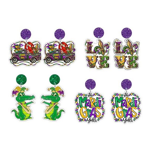 Mardi Gras Theme Glitter Acrylic Dangle Stud Earrings for Party