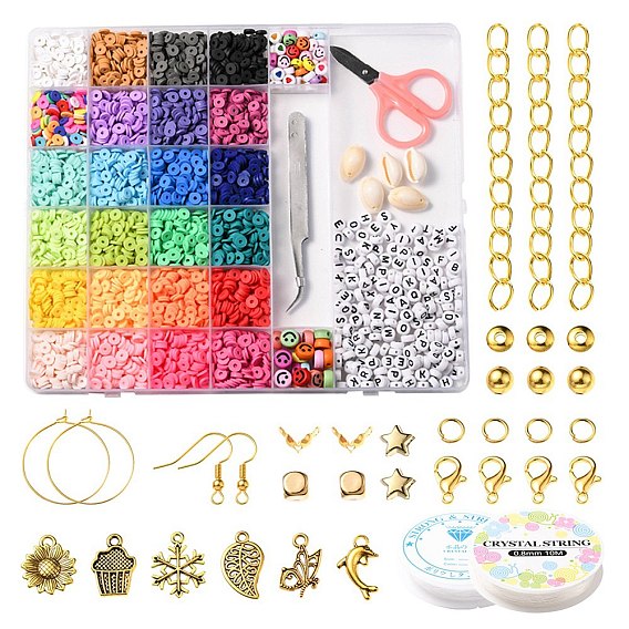 DIY Jewelry Set Making Kit, Inclduing Polymer Clay Disc & Acrylic Smile Face & Natural Shell & Plastic Star Beads, Snowflake & Starfish Alloy Pendants, Brass Earring Findings, Scissors, Tweezers
