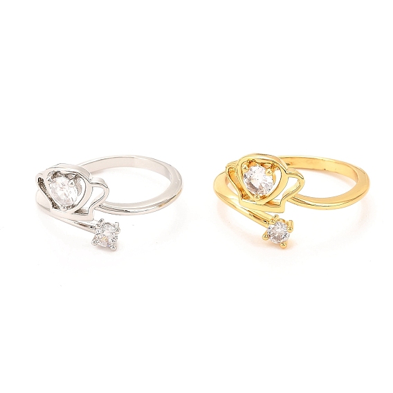 Кольцо-манжета с кубическим цирконием из латуни с микропаве, долговечный, Корона с сердцем